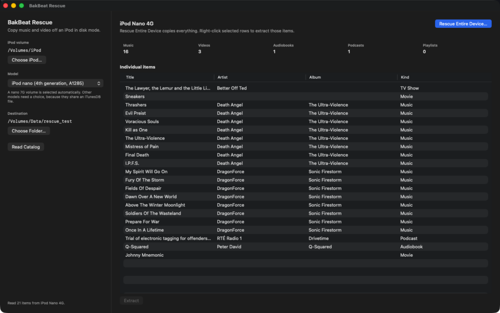 BakBeat Rescue showing an iPod catalog of albums and tracks