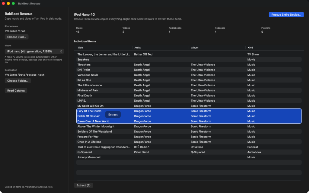 Selecting tracks in BakBeat Rescue to extract from an iPod